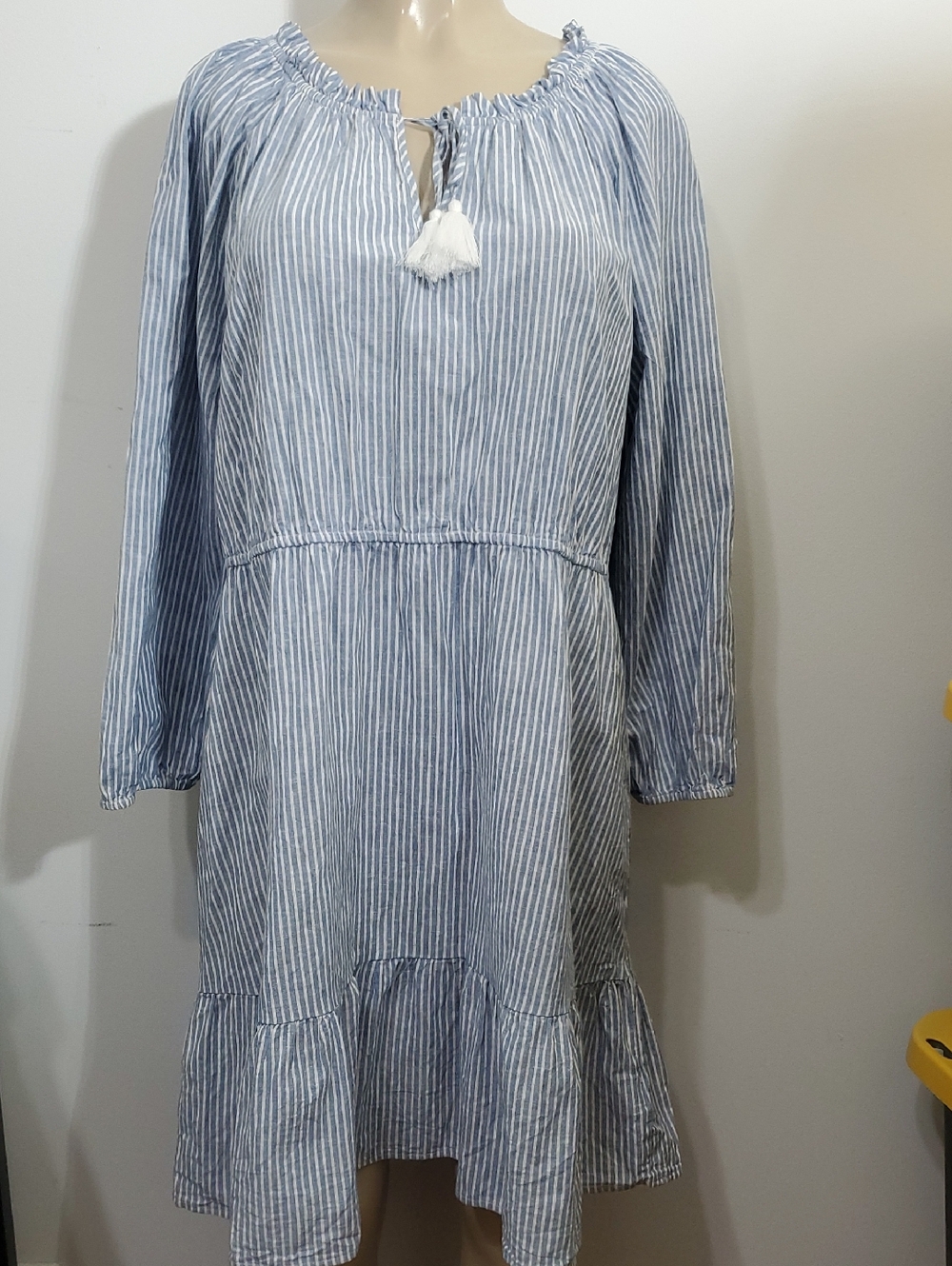 Frye Light Blue and White Striped Long Sleeve Tassel Dress